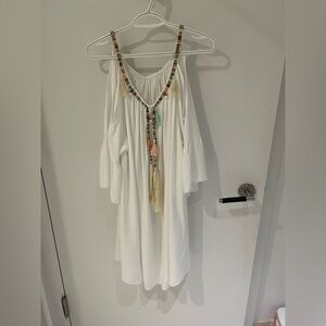 White Boho Off-Shoulder Dress with Beaded Neckline